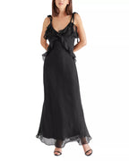 Sheer Ruffle Accent V Neck Spaghetti Strap Open Back Midi Length For Adults Prom Dress