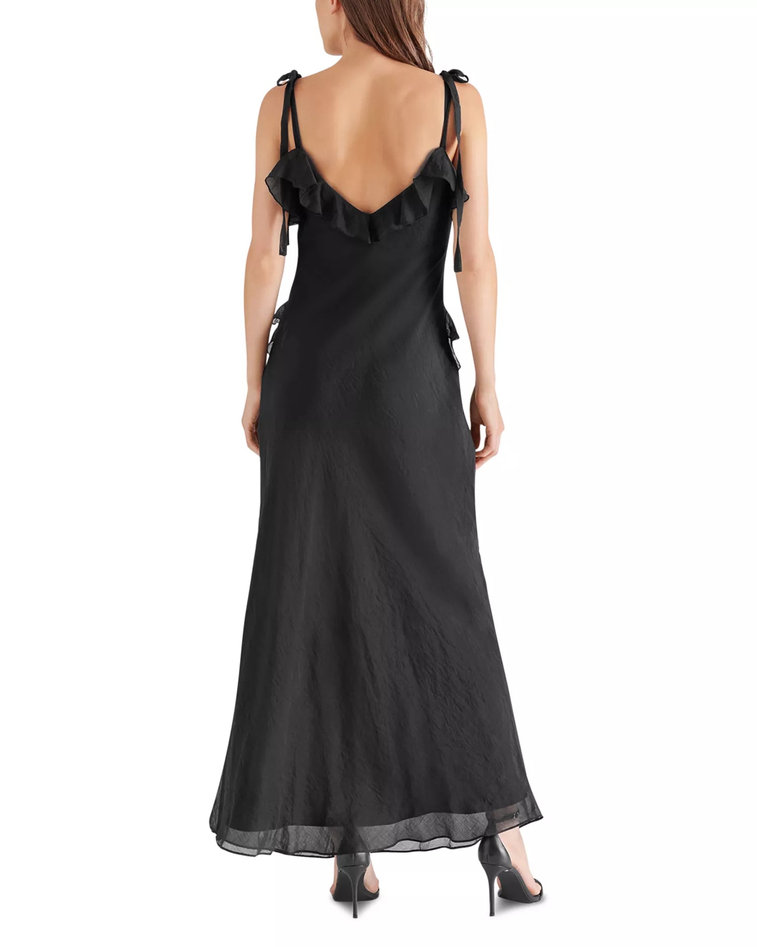 Sheer Ruffle Accent V Neck Spaghetti Strap Open Back Midi Length For Adults Prom Dress