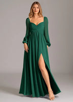 Sheer Sleeve Square Neck Chiffon A Line Ruched Bodice Open Back High Slit Floor Length Female Prom Dress
