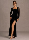 Sheer Sleeve Square Neck Velvet Mermaid Keyhole Back High Slit Floor Length For Ladies Prom Dress