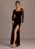 Sheer Sleeve Square Neck Velvet Mermaid Keyhole Back High Slit Floor Length For Ladies Prom Dress