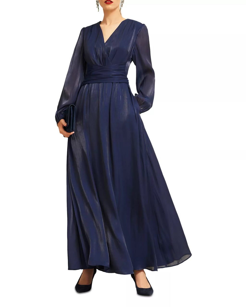 Sheer Sleeved V Neck Tie Waist Zipper Back Floor Length For Sale Prom Dress