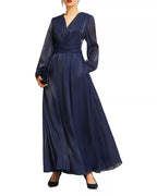 Sheer Sleeved V Neck Tie Waist Zipper Back Floor Length For Sale Prom Dress