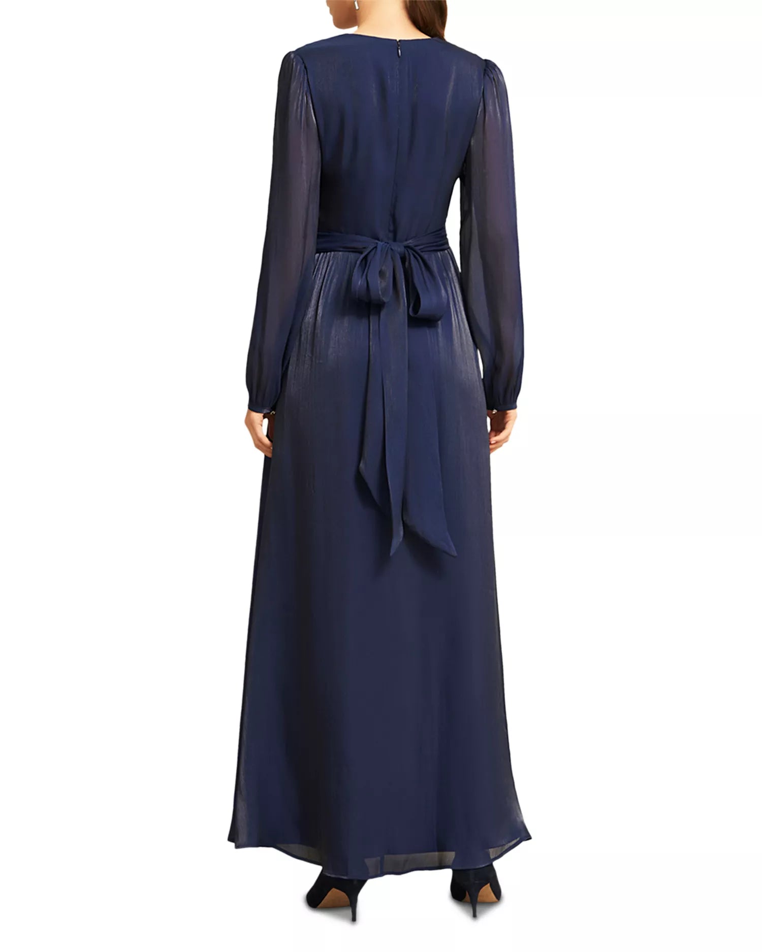 Sheer Sleeved V Neck Tie Waist Zipper Back Floor Length For Sale Prom Dress