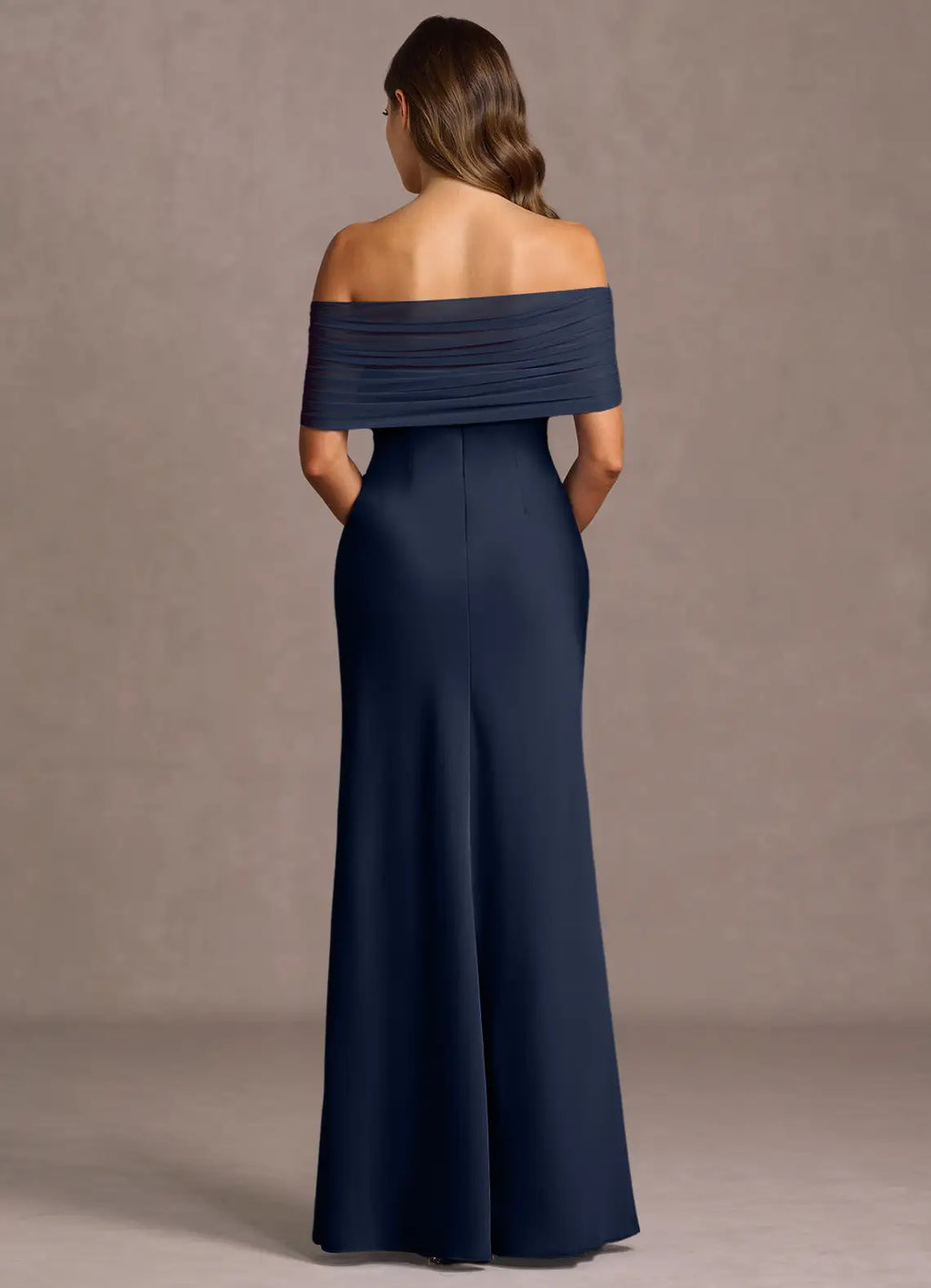 Sheer Trim Off Shoulder Satin Sheath Ruched Bodice Open Back Floor Length Hot sale Prom Dress