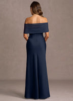 Sheer Trim Off Shoulder Satin Sheath Ruched Bodice Open Back Floor Length Hot sale Prom Dress