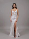 Sheer Empire Mermaid Spaghetti Strap Applique Slit Prom Gown