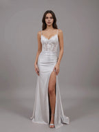 Sheer Empire Mermaid Spaghetti Strap Applique Slit Prom Gown