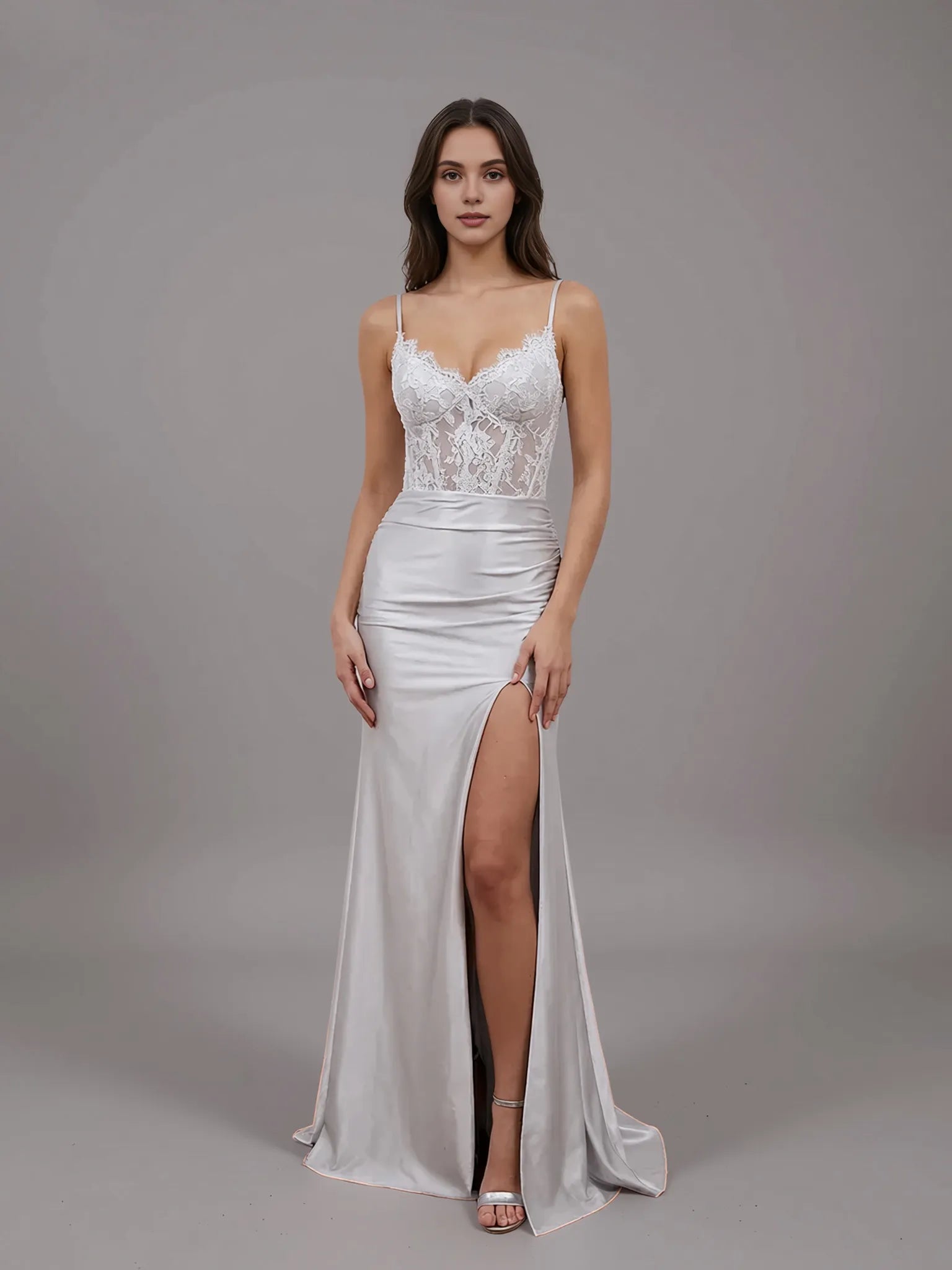Sheer Empire Mermaid Spaghetti Strap Applique Slit Prom Gown