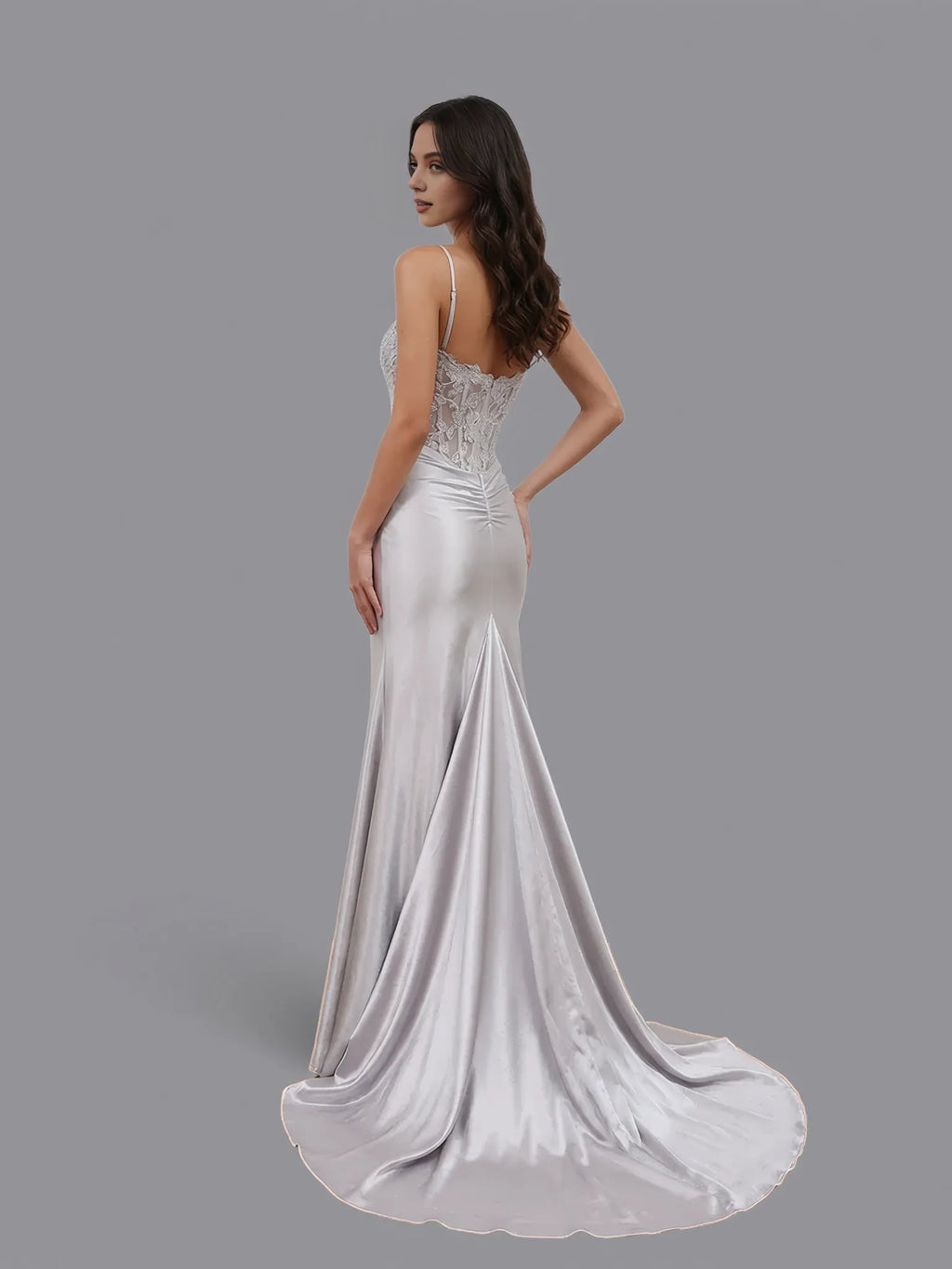 Sheer Empire Mermaid Spaghetti Strap Applique Slit Prom Gown