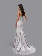 Sheer Empire Mermaid Spaghetti Strap Applique Slit Prom Gown