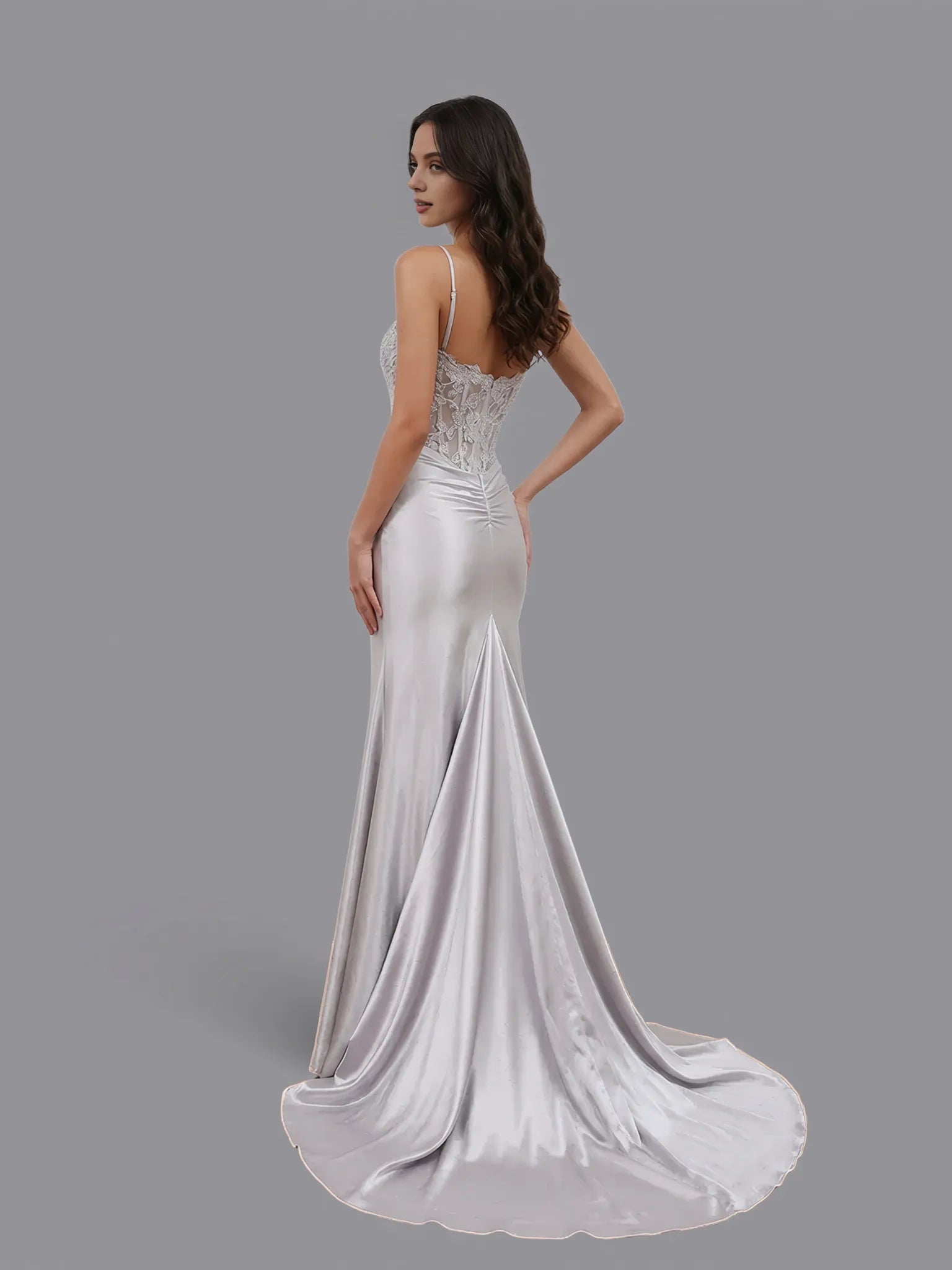 Sheer Empire Mermaid Spaghetti Strap Applique Slit Prom Gown