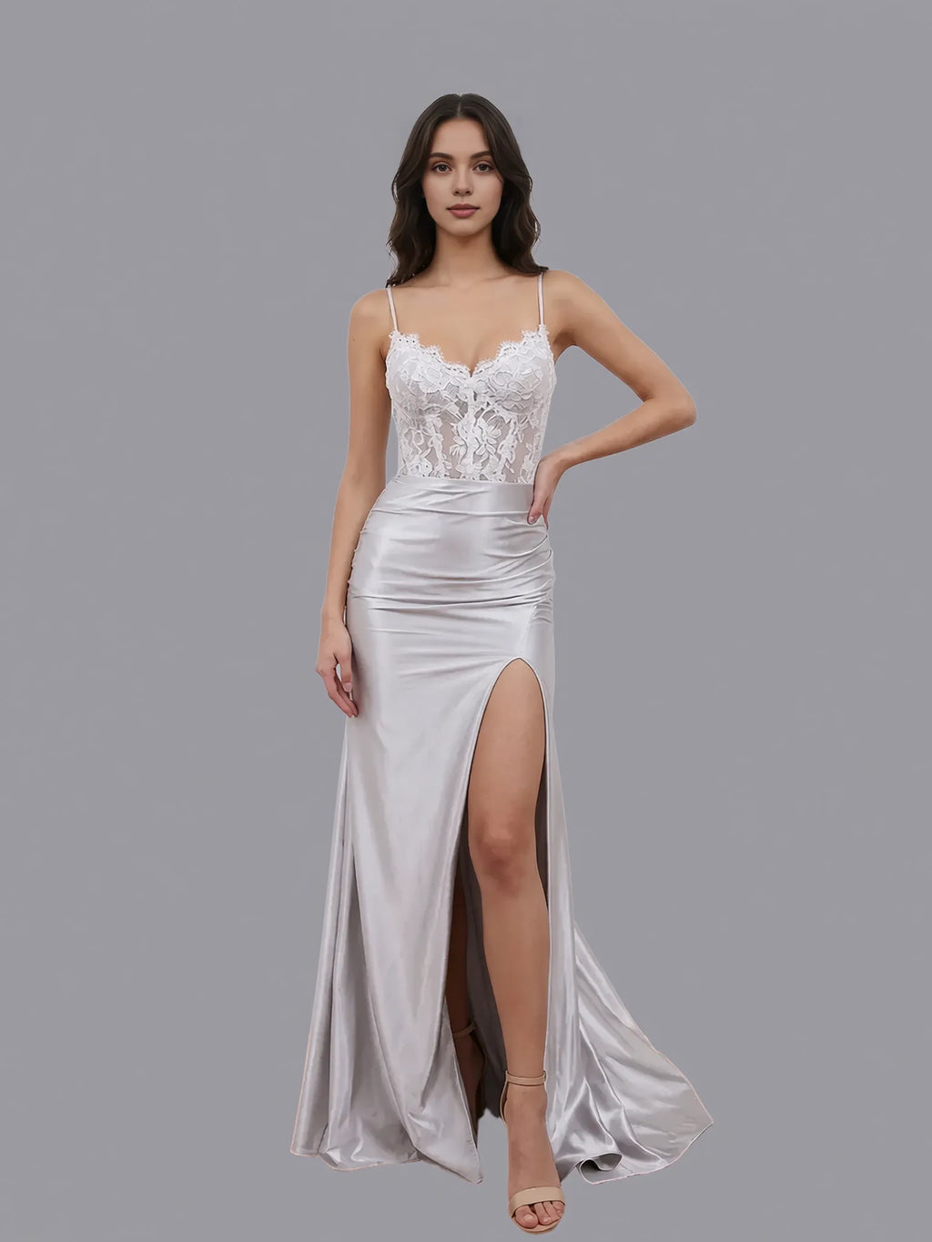 Sheer Empire Mermaid Spaghetti Strap Applique Slit Prom Gown