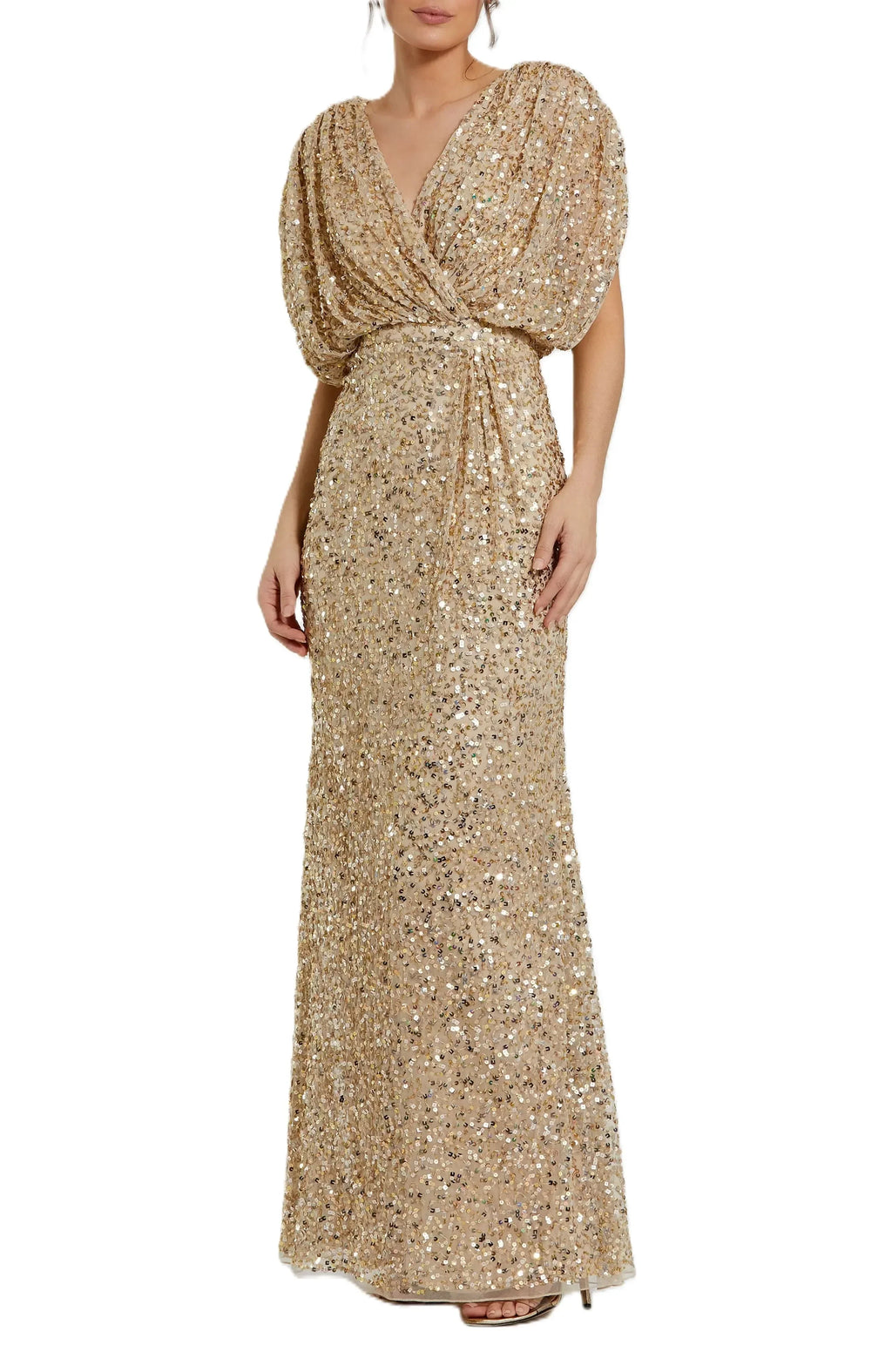 Shimmering Mermaid Deep V Neck Batwing Sleeve Solid Back Floor Length Evening Dress