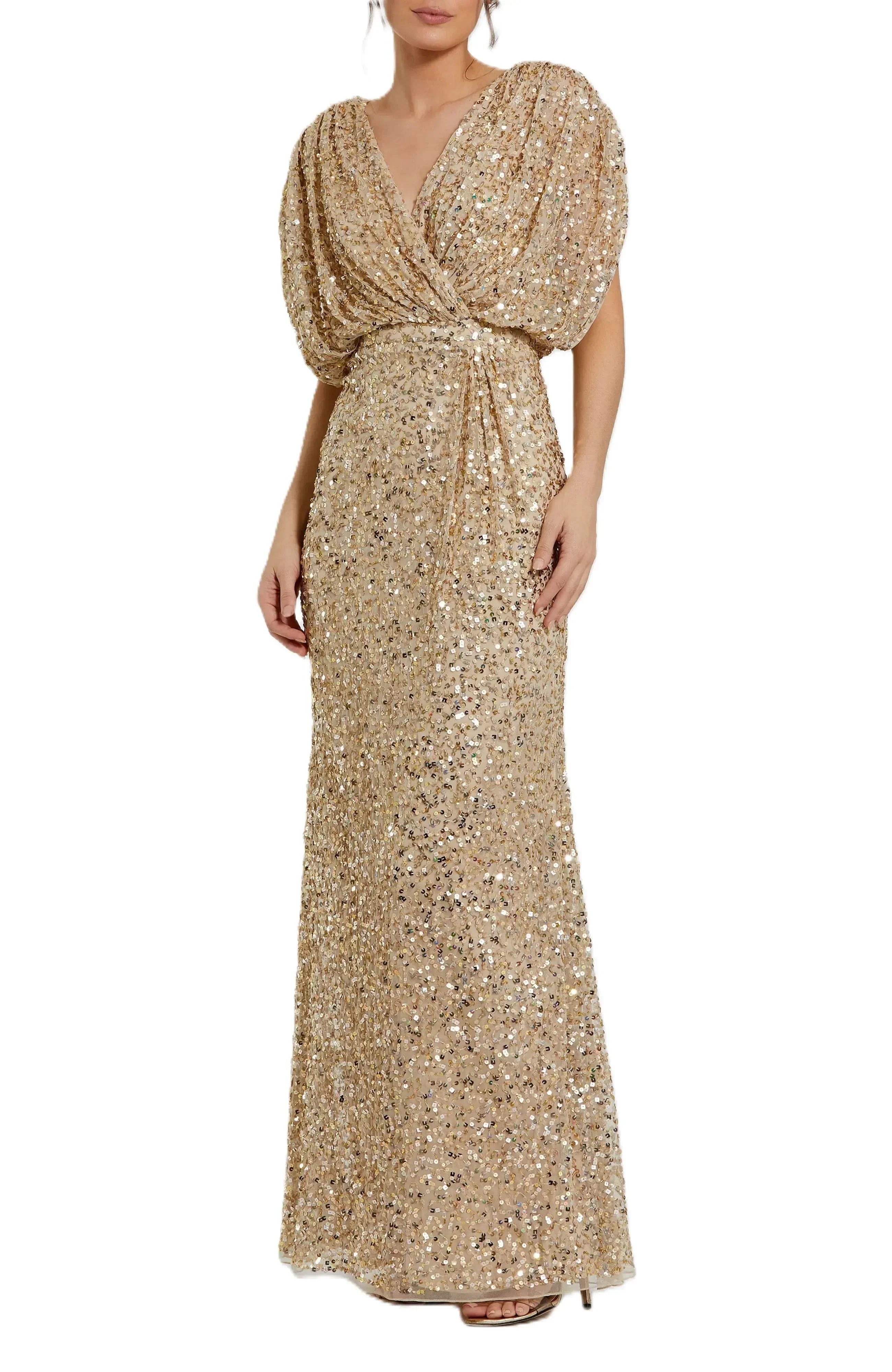 Shimmering Mermaid Deep V Neck Batwing Sleeve Solid Back Floor Length Evening Dress