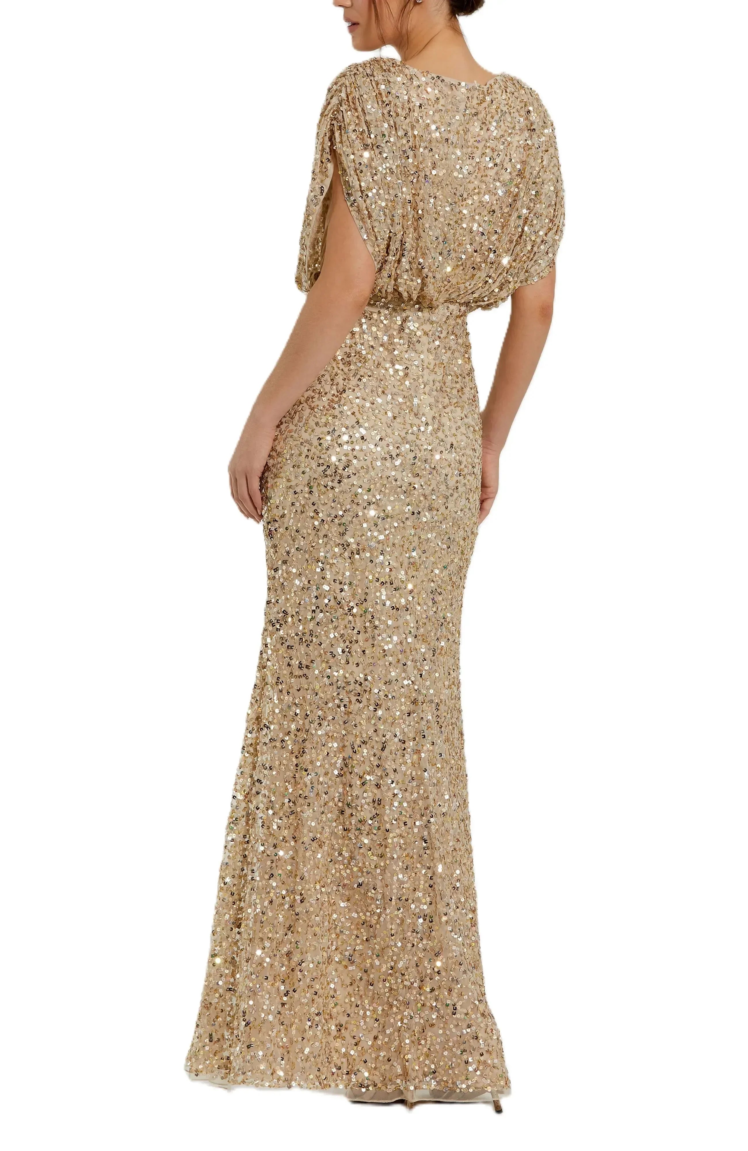Shimmering Mermaid Deep V Neck Batwing Sleeve Solid Back Floor Length Evening Dress