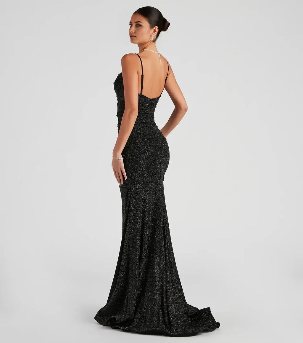 Shimmering Mermaid Plunge Neck Spaghetti Strap Open Back Floor Length Prom Dress