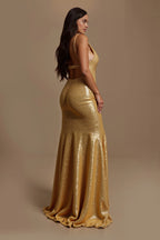 Shimmering A-Line V Neck Sleeveless Sequins Sweep/Brush Train Prom Dress