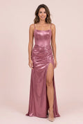 Shimmering A-Line Spaghetti Straps Corset High Slit Metallic Dusty Rose Floor-Length Prom Dress
