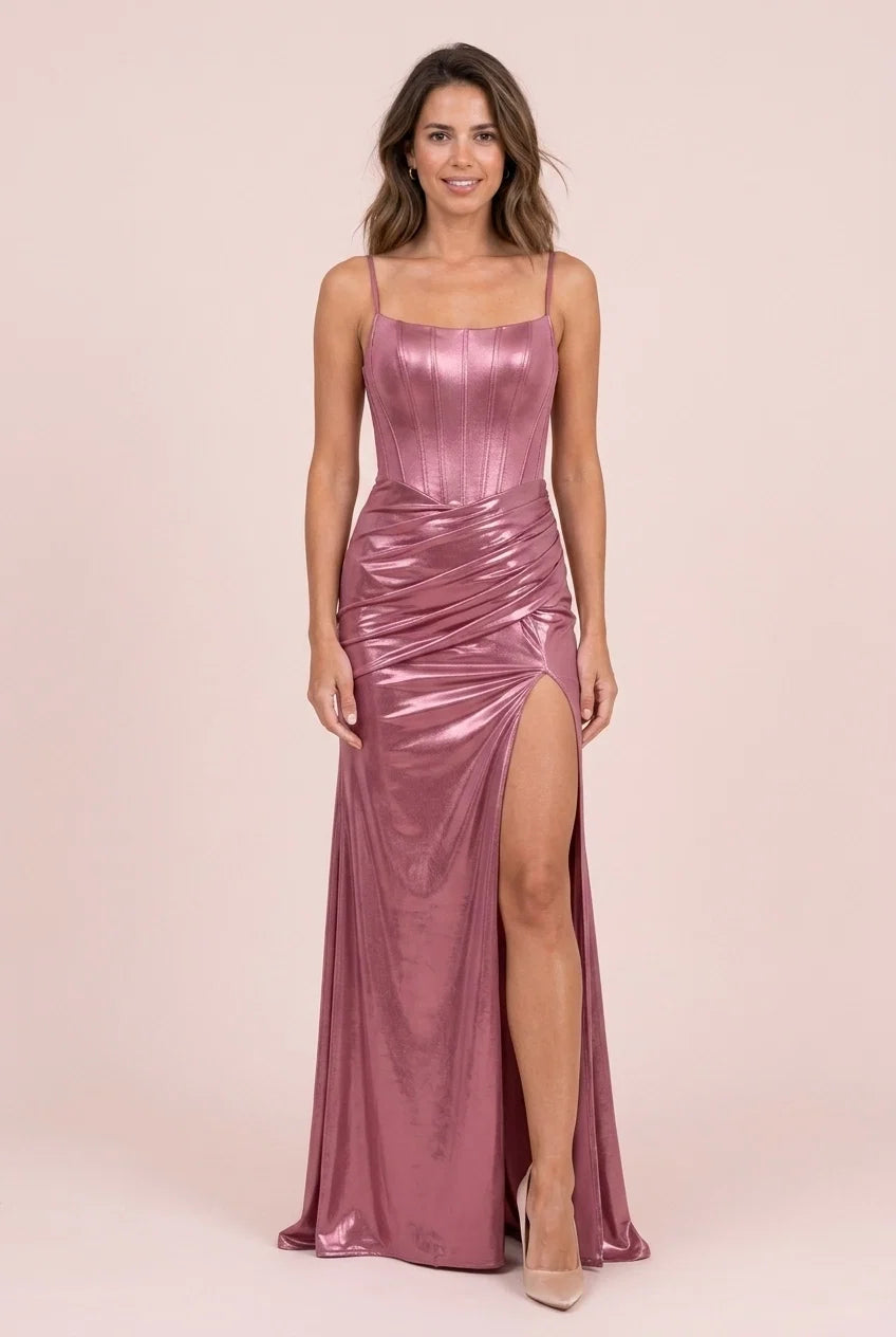 Shimmering A-Line Spaghetti Straps Corset High Slit Metallic Dusty Rose Floor-Length Prom Dress