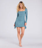Shine A-Line Cowl Neck Long Sleeve Glitter Short-Mini Homecoming Dress