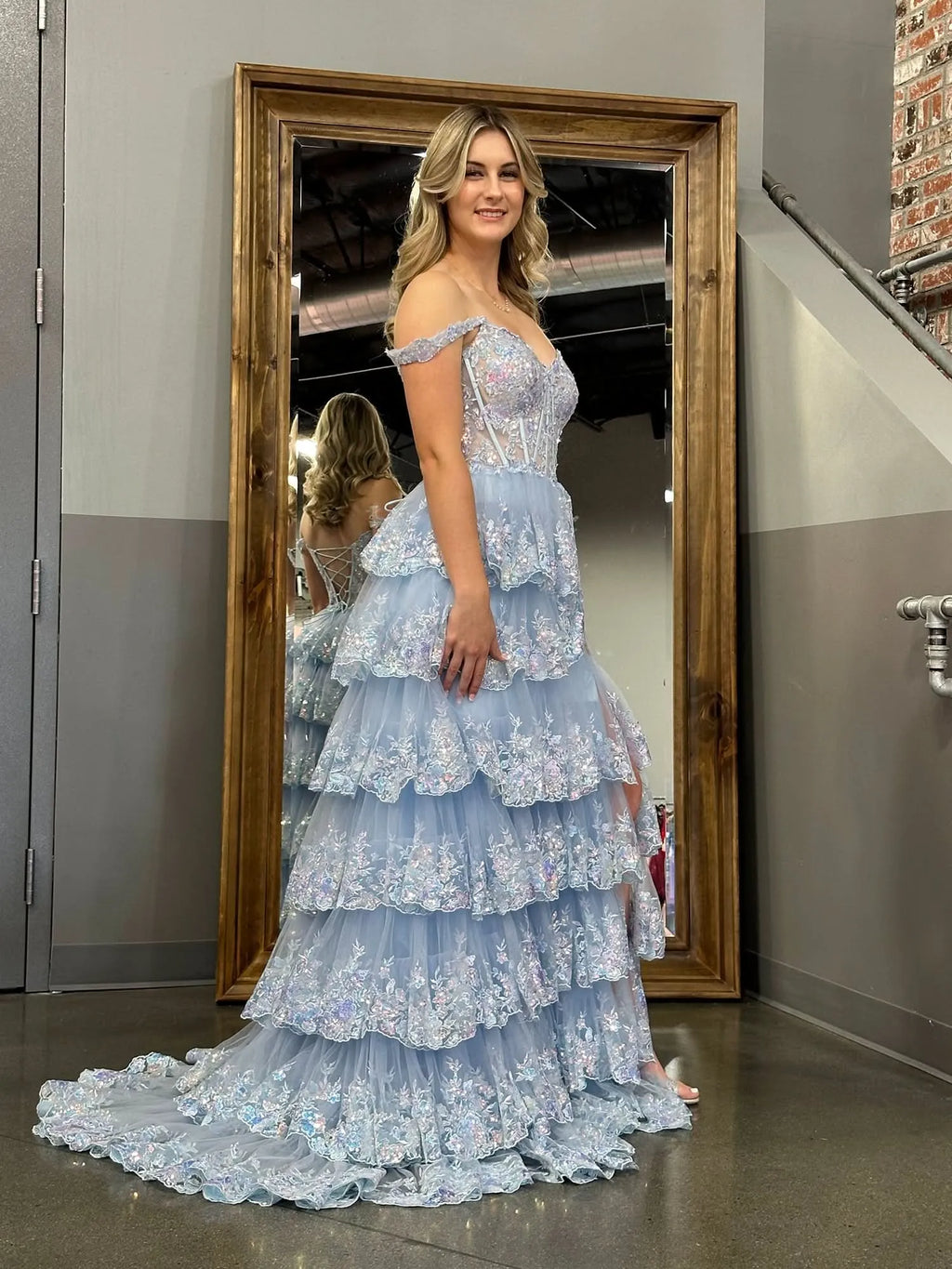 Shine Corset Sleeveless Princess Ruffles Long Prom Dress