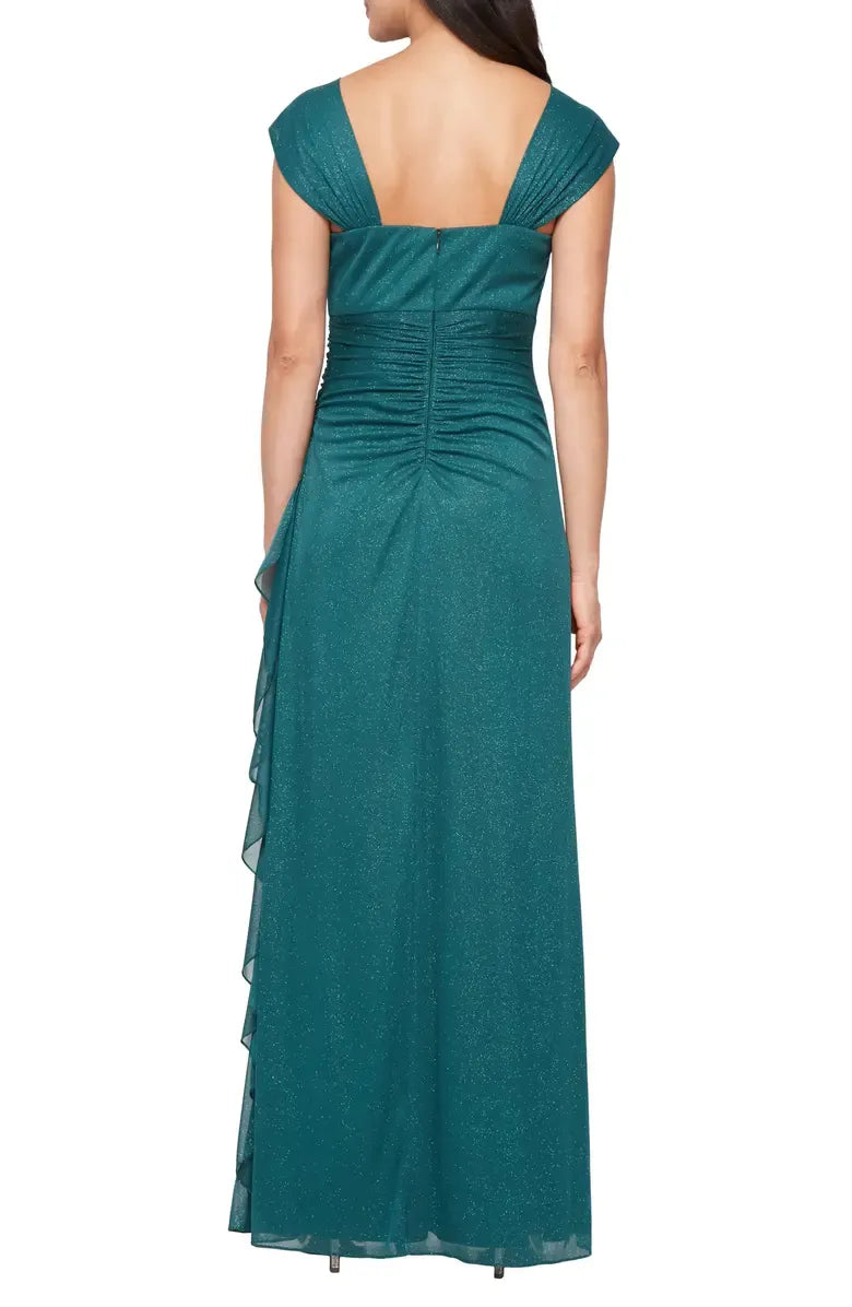 Shine Fitted Cowl Neck Cap Sleeve Backless Floor-Length Prom Dress