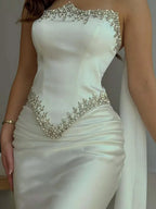 Mermaid Strapless Beaded Satin Prom Dress White Long Gown Red Carpet Ready For Prom Queens
