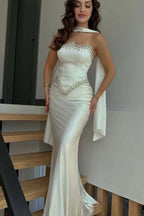 Mermaid Strapless Beaded Satin Prom Dress White Long Gown Red Carpet Ready For Prom Queens