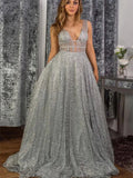 Prom Dress Glamorous Shiny A Line Deep V Neck Sequin Floor Length In Silver Grey For Bold Women