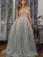 Prom Dress Glamorous Shiny A Line Deep V Neck Sequin Floor Length In Silver Grey For Bold Women