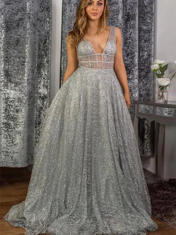 Prom Dress Glamorous Shiny A Line Deep V Neck Sequin Floor Length In Silver Grey For Bold Women