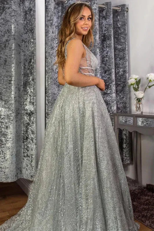 Prom Dress Glamorous Shiny A Line Deep V Neck Sequin Floor Length In Silver Grey For Bold Women