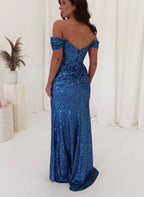 Mermaid Sequin Off Shoulder Evening Gown For Formal Events Women Sparkling Blue Floor Length