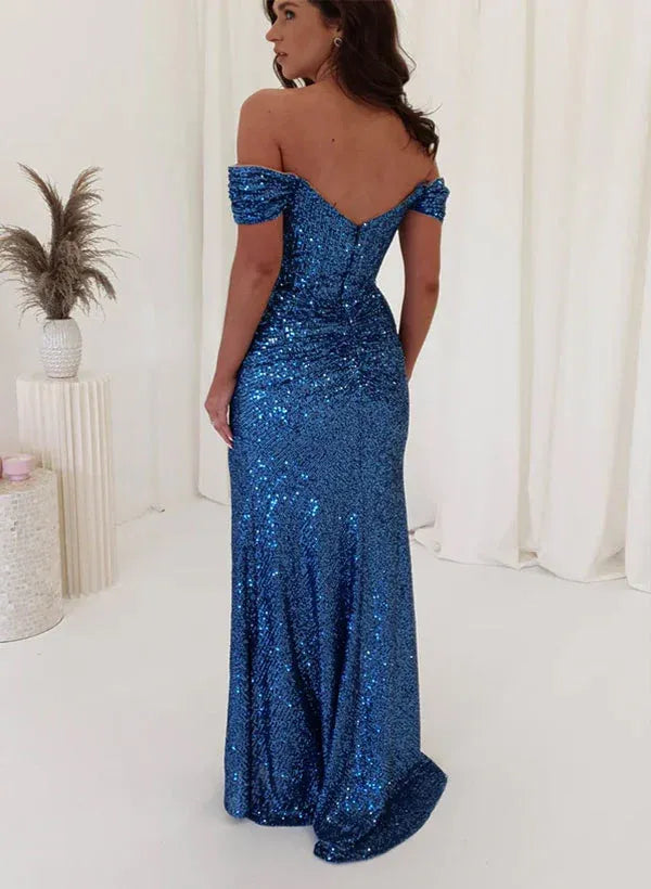 Mermaid Sequin Off Shoulder Evening Gown For Formal Events Women Sparkling Blue Floor Length