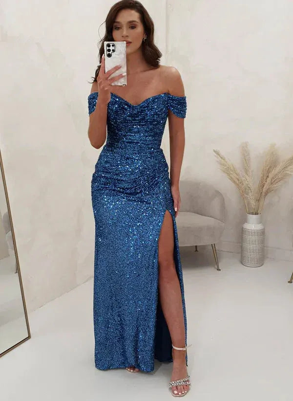 Mermaid Sequin Off Shoulder Evening Gown For Formal Events Women Sparkling Blue Floor Length