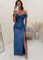 Mermaid Sequin Off Shoulder Evening Gown For Formal Events Women Sparkling Blue Floor Length