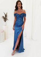 Mermaid Sequin Off Shoulder Evening Gown For Formal Events Women Sparkling Blue Floor Length
