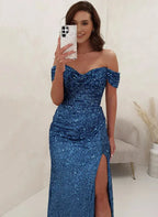 Mermaid Sequin Off Shoulder Evening Gown For Formal Events Women Sparkling Blue Floor Length