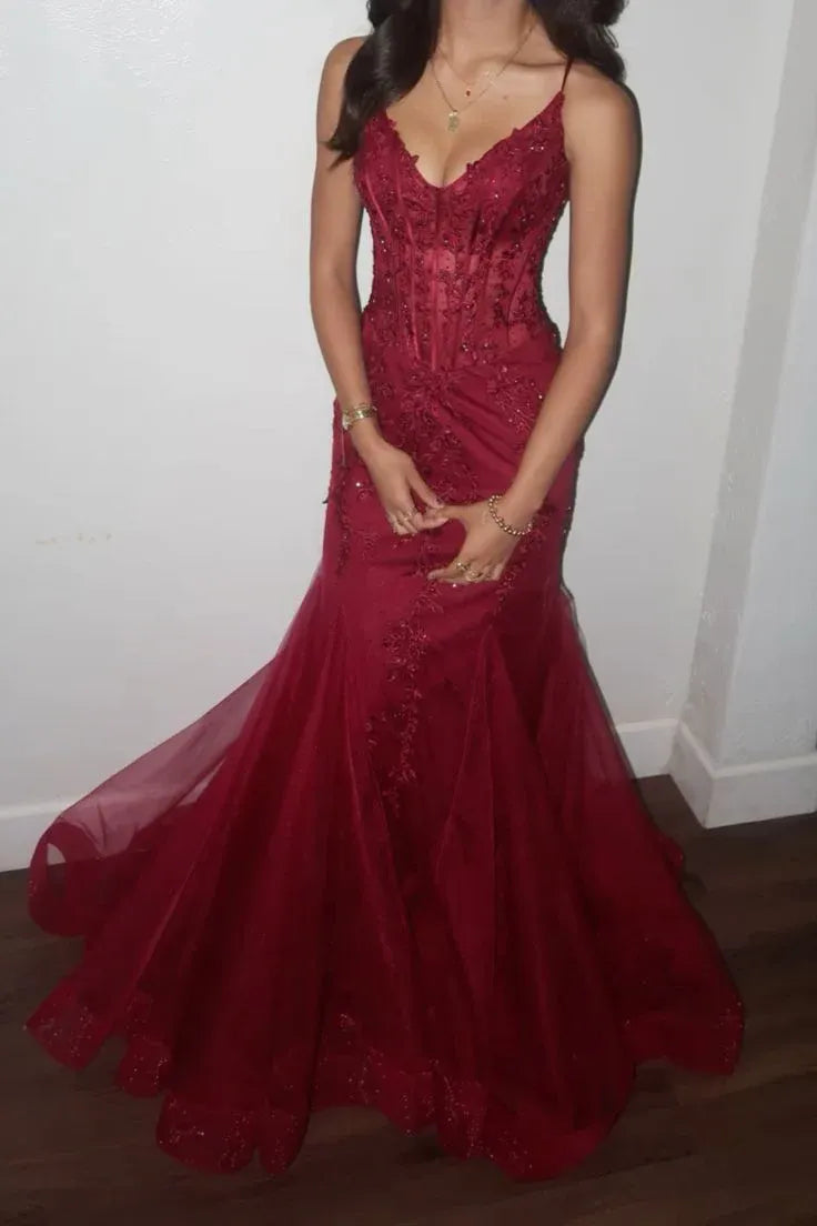 Mermaid Prom Dress With Corset Lace Bodice Beaded Details For Glam Prom Night Train
