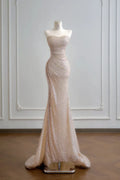 Mermaid Prom Dress Strapless Sweetheart Neckline Sequin Ruched Bodice Champagne With Train For Prom Goers Glam