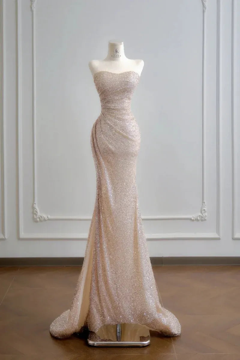 Mermaid Prom Dress Strapless Sweetheart Neckline Sequin Ruched Bodice Champagne With Train For Prom Goers Glam
