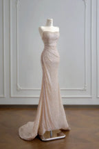 Mermaid Prom Dress Strapless Sweetheart Neckline Sequin Ruched Bodice Champagne With Train For Prom Goers Glam