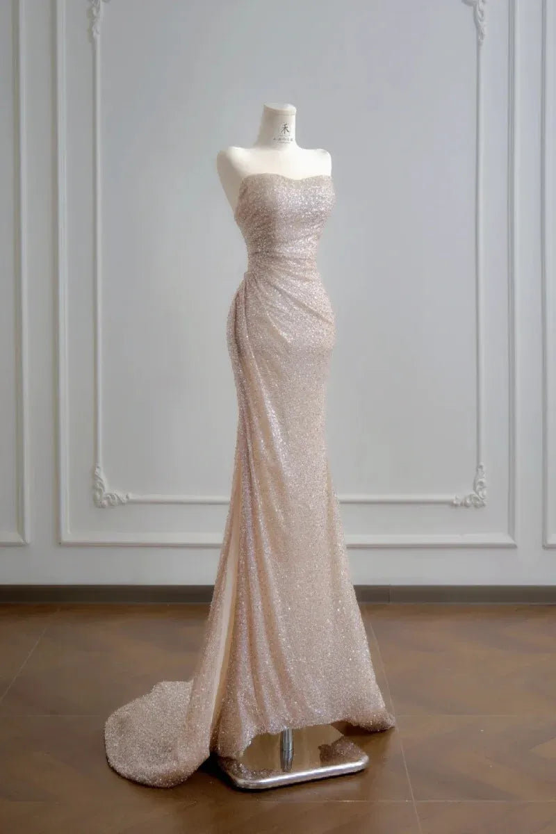 Mermaid Prom Dress Strapless Sweetheart Neckline Sequin Ruched Bodice Champagne With Train For Prom Goers Glam