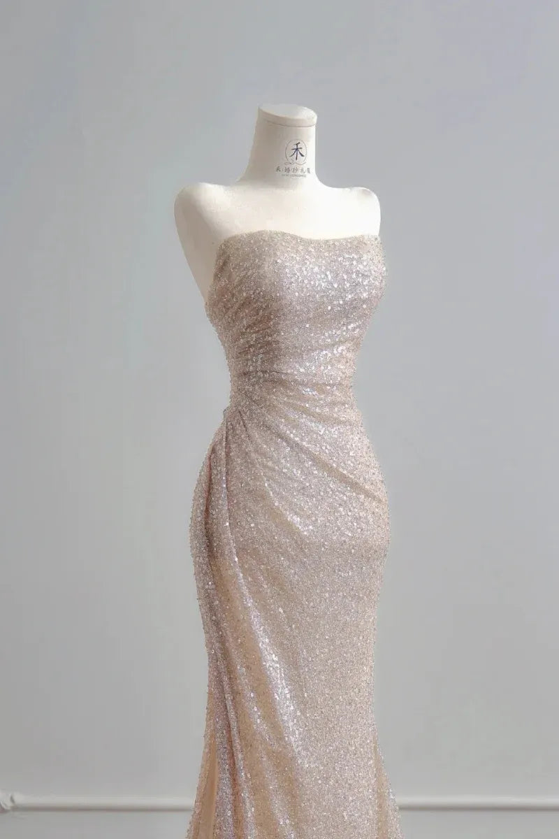 Mermaid Prom Dress Strapless Sweetheart Neckline Sequin Ruched Bodice Champagne With Train For Prom Goers Glam