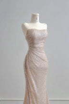 Mermaid Prom Dress Strapless Sweetheart Neckline Sequin Ruched Bodice Champagne With Train For Prom Goers Glam