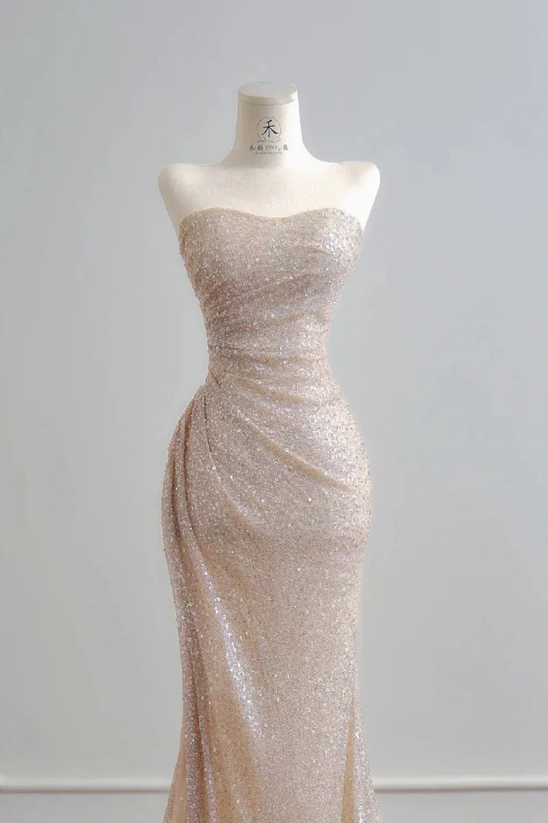 Mermaid Prom Dress Strapless Sweetheart Neckline Sequin Ruched Bodice Champagne With Train For Prom Goers Glam