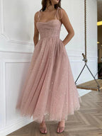 Shiny Spaghetti Straps Sleeveless A-Line Sequins Ankle-Length Prom Dress