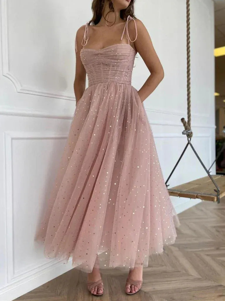 Shiny Spaghetti Straps Sleeveless A-Line Sequins Ankle-Length Prom Dress