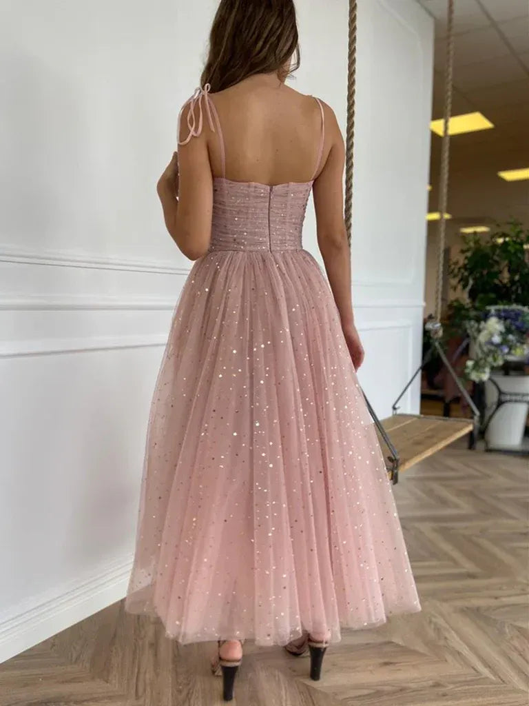Shiny Spaghetti Straps Sleeveless A-Line Sequins Ankle-Length Prom Dress